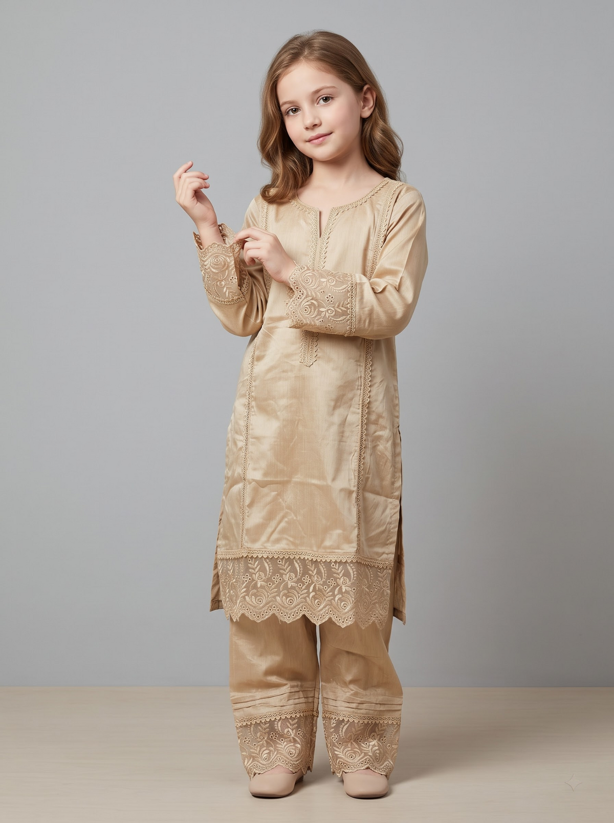 Girls beige cotton lace work frock set 1772 Beige