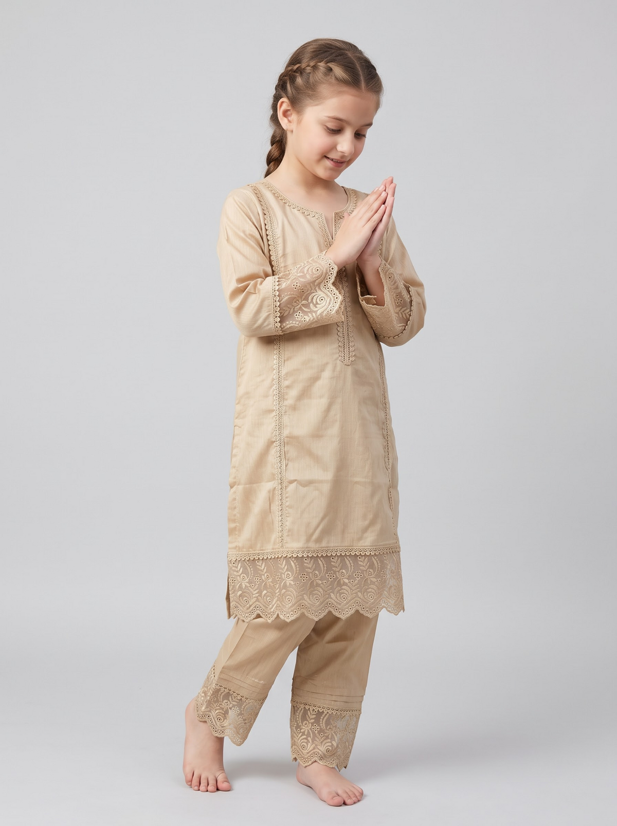 Girls beige cotton lace work frock set 1772 Beige front view