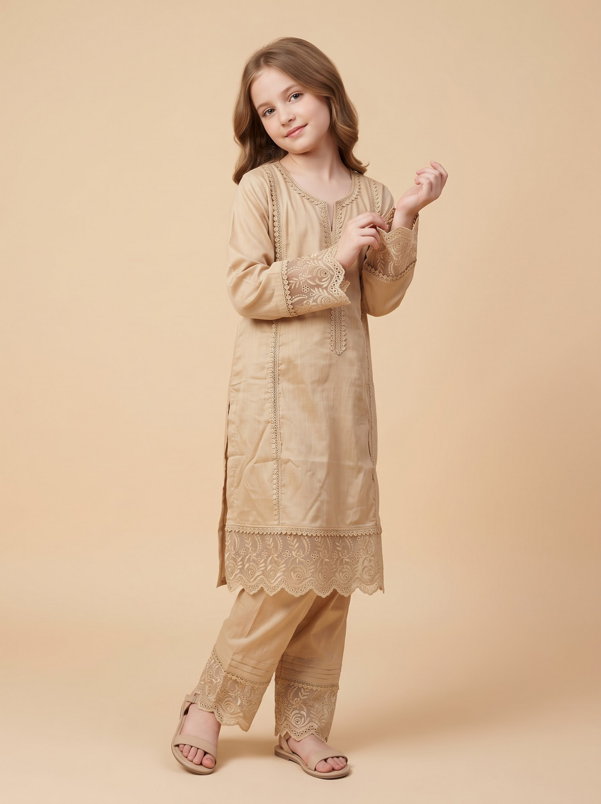 Girls beige lace work frock set 1772 Beige pose