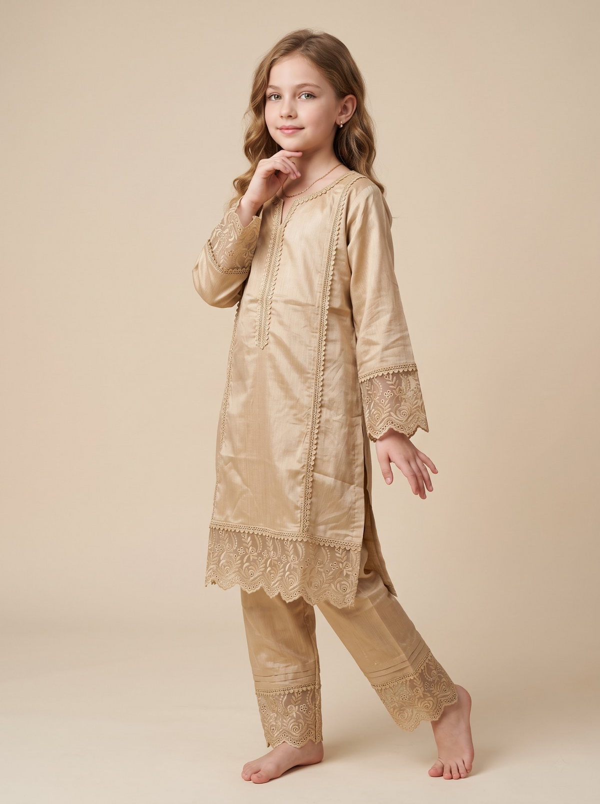 Girls beige cotton frock set 1772 Beige alternate view