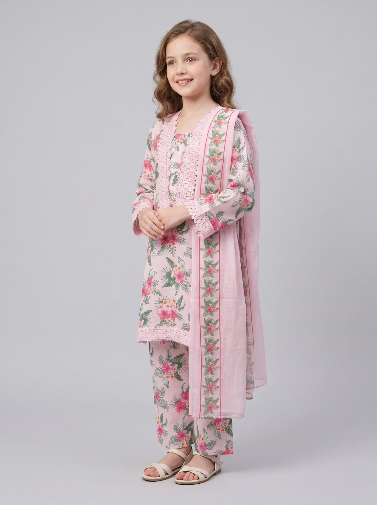 Girls pink floral cotton printed lace work kurti set 1773 Pink image 1