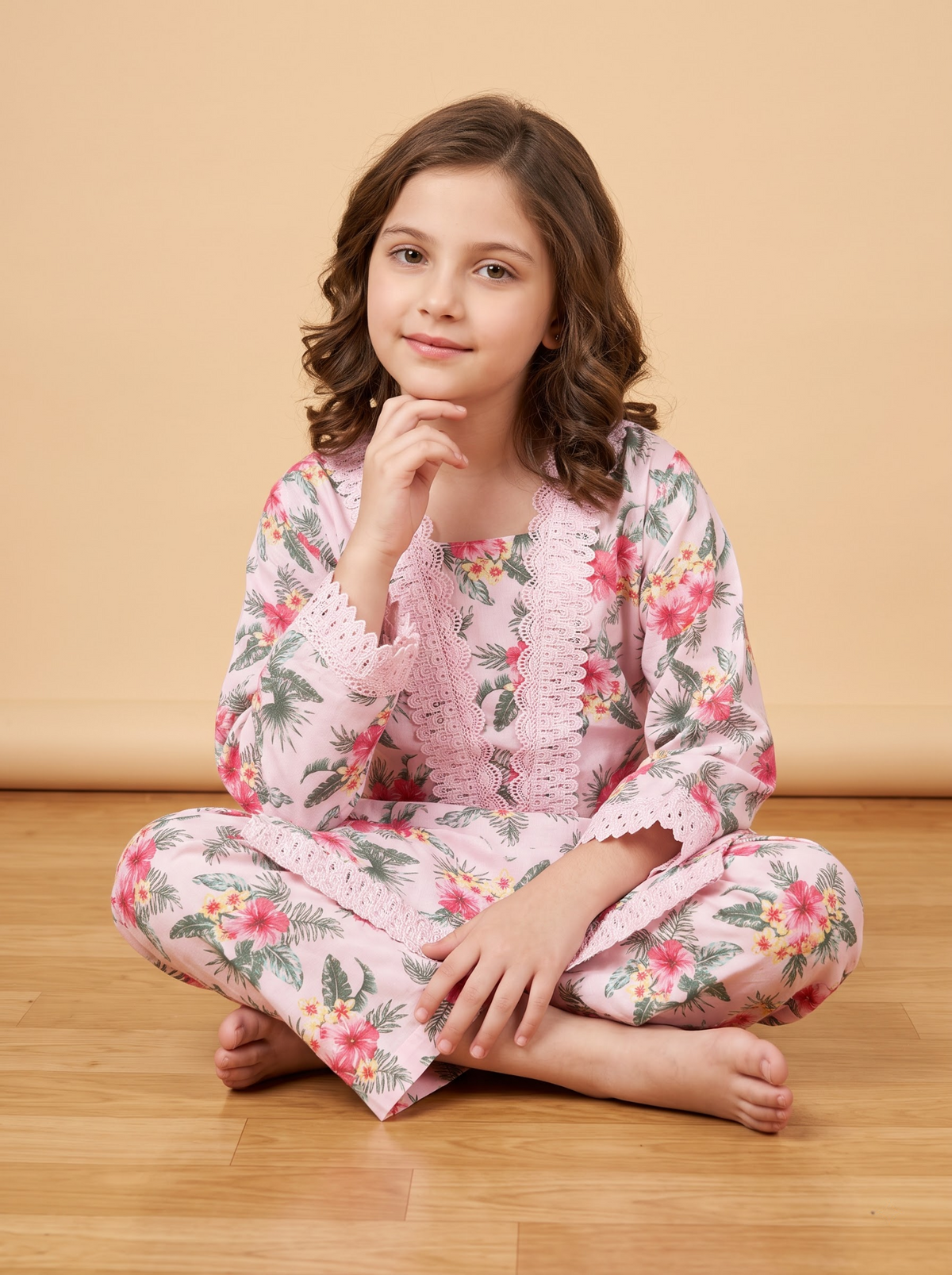 Girls pink floral cotton printed lace work kurti set 1773 Pink image 2