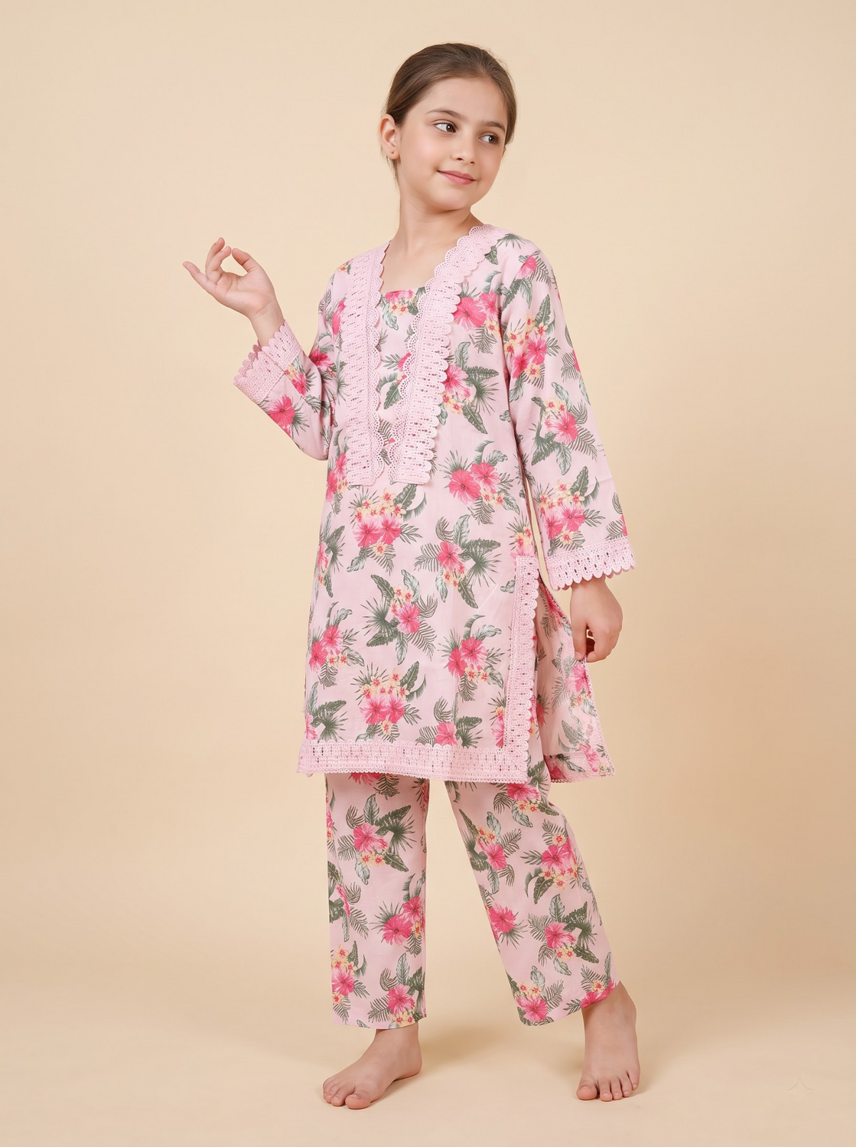 Girls pink floral cotton printed lace work kurti set 1773 Pink image 3