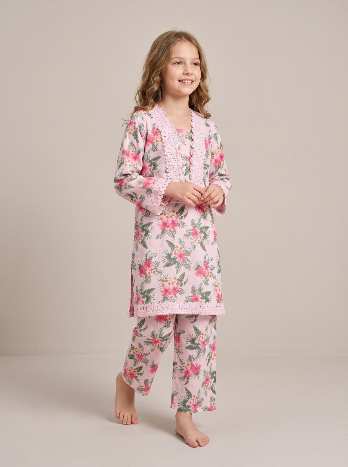 Girls pink floral cotton printed lace work kurti set 1773 Pink image 4