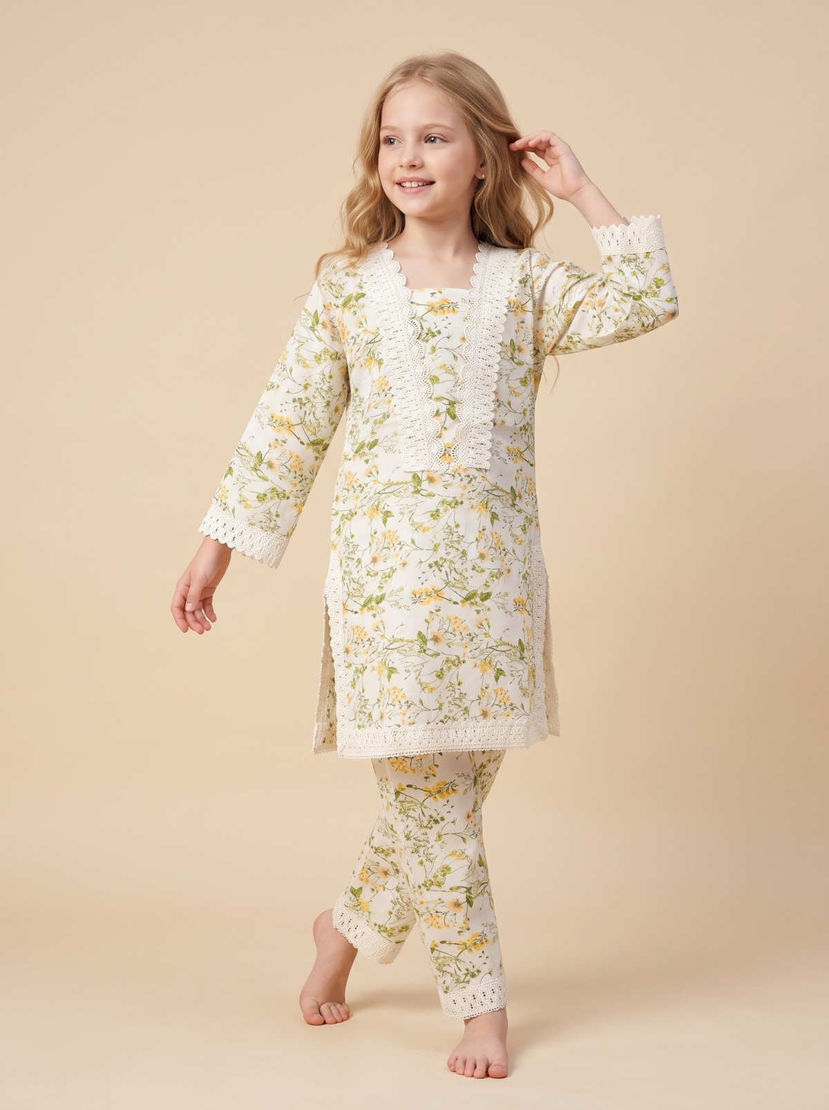 Girls cream cotton printed lace work kurti set 1774 Cream