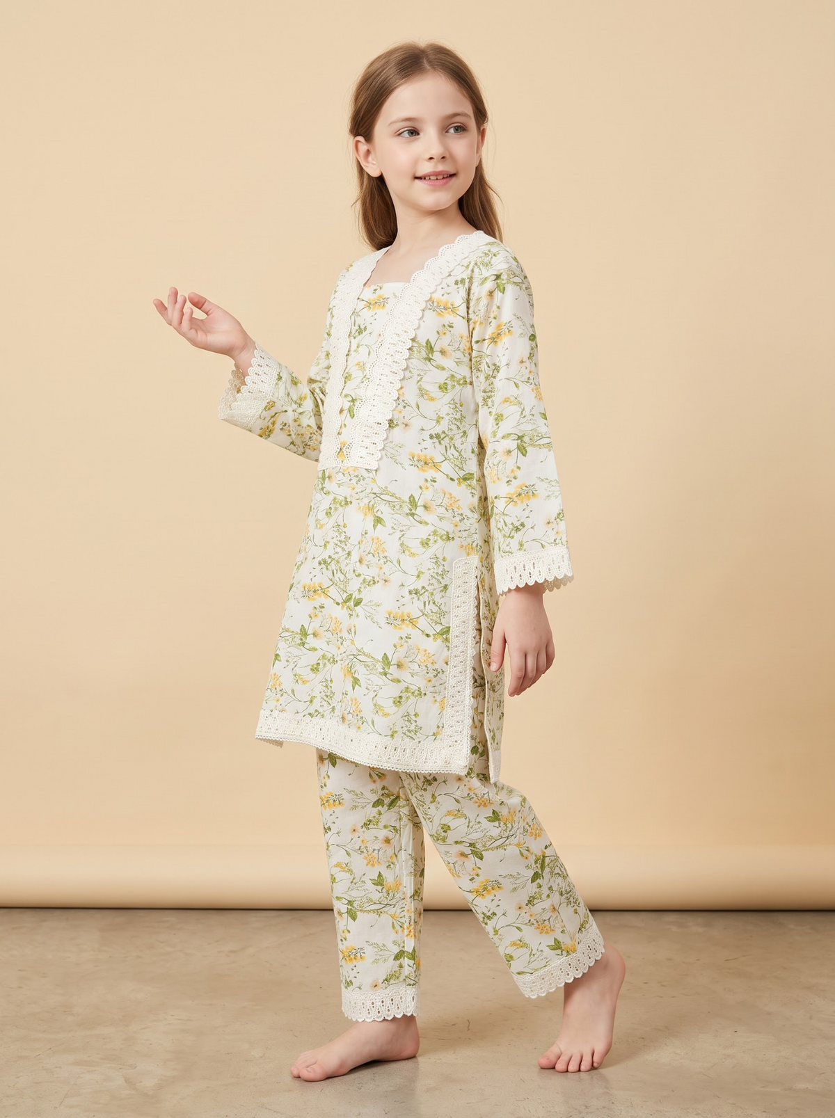 Girls cream cotton printed lace work kurti set 1774 Cream front view