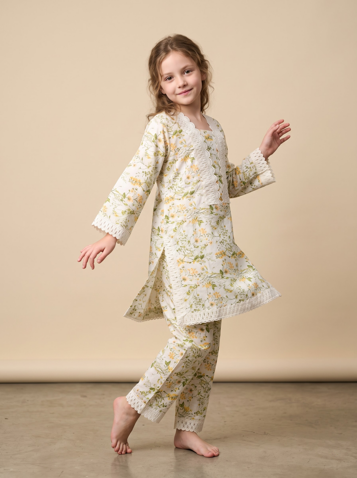 Girls cream printed lace work kurti set 1774 Cream pose