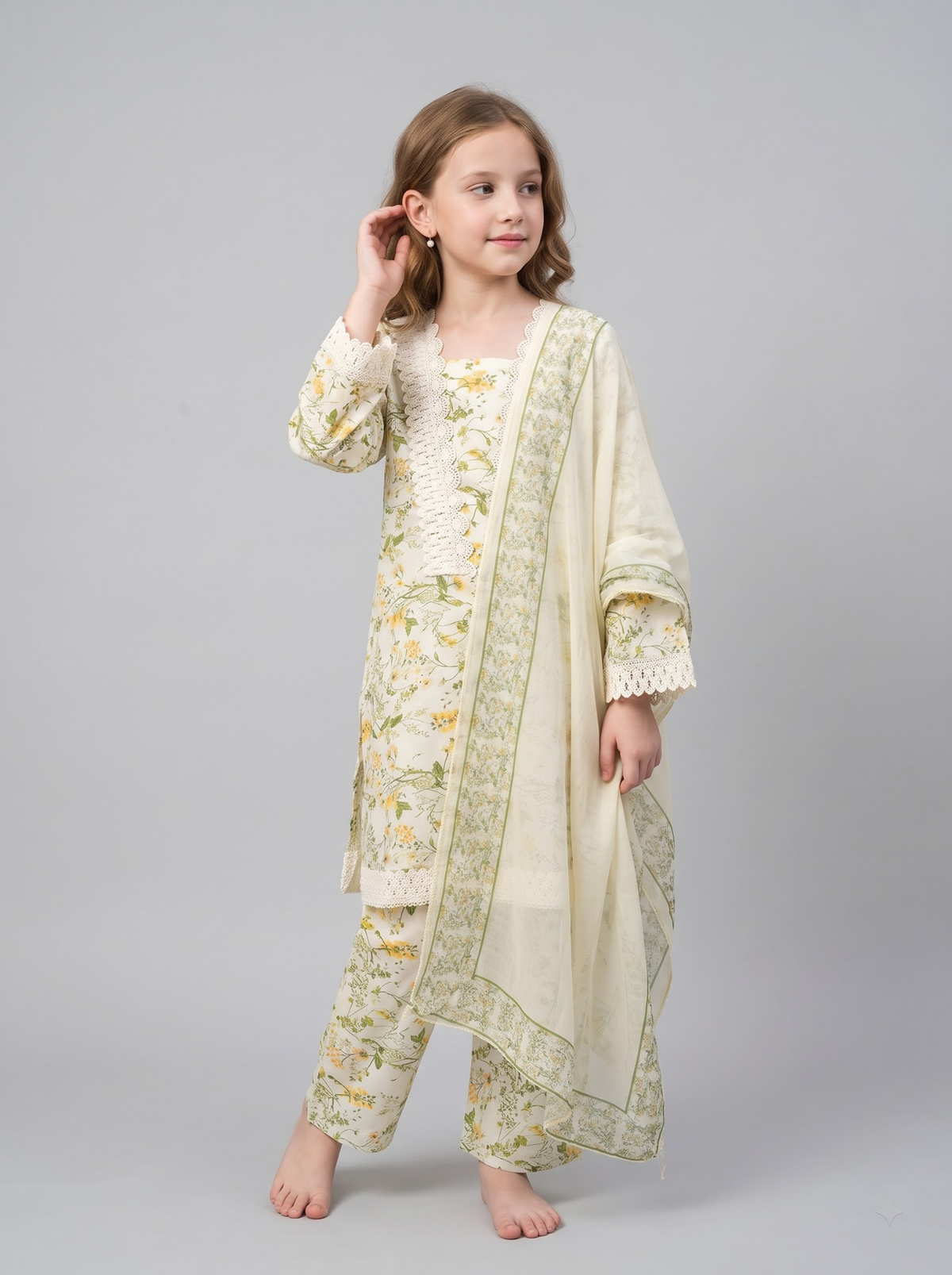 Girls cream printed kurti set with dupatta 1774 Cream