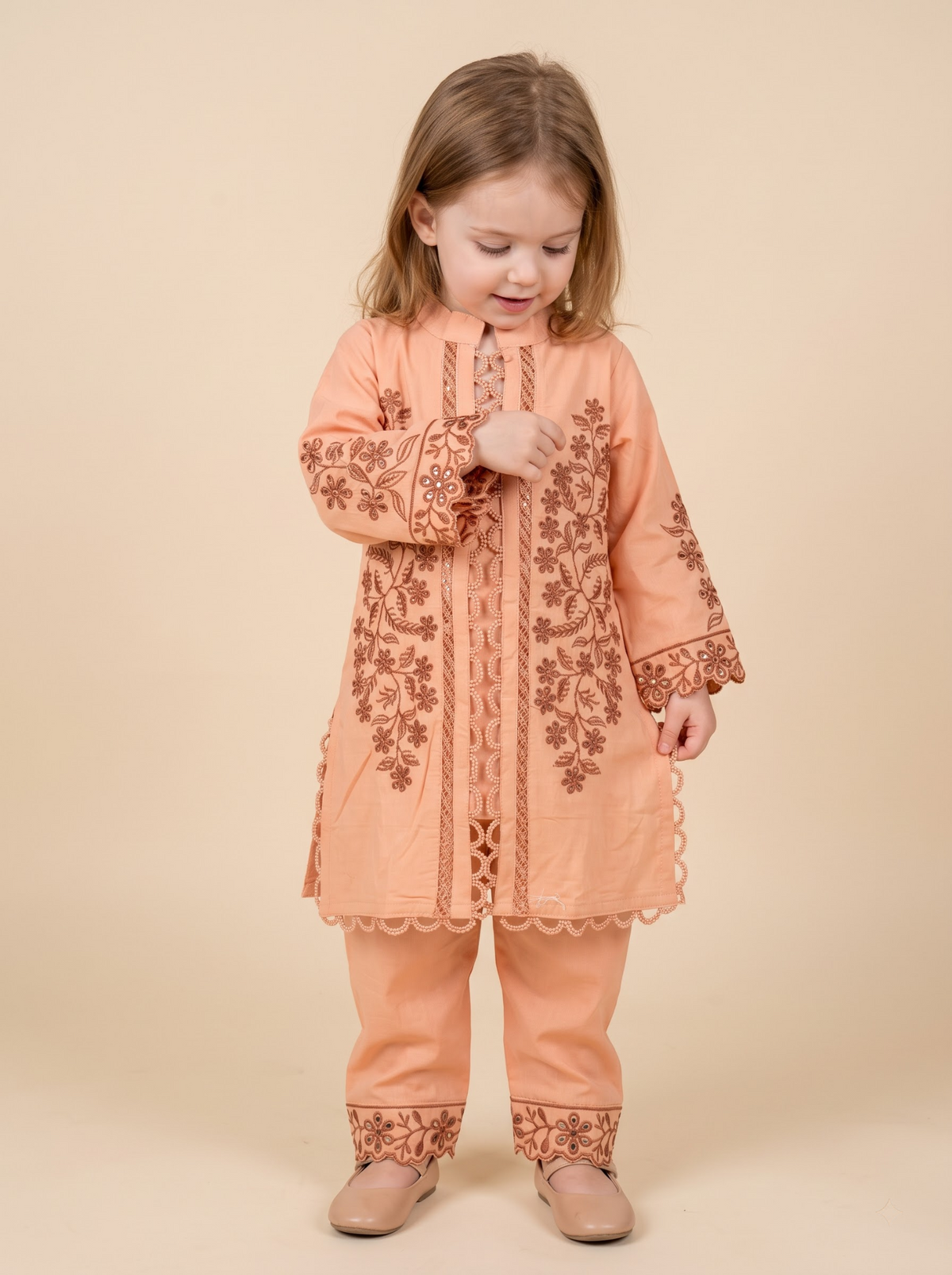 Girls peach cotton printed lace work kurti set 1776 Peach