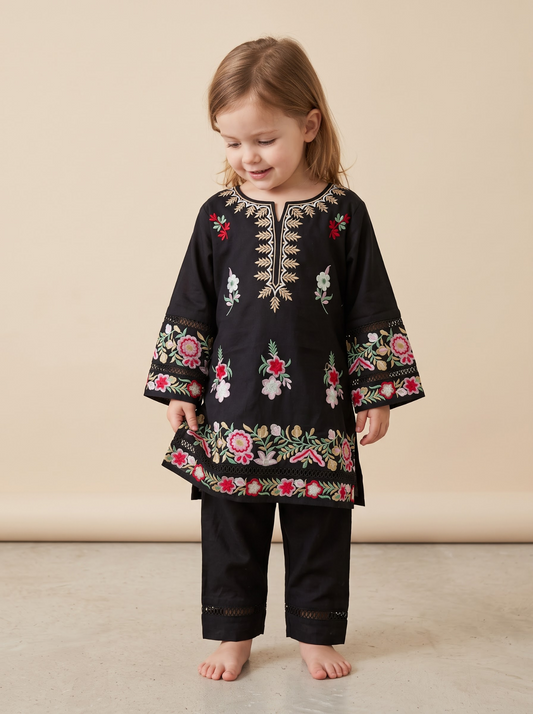 Girls black cotton printed lace work kurti set 1777 Black