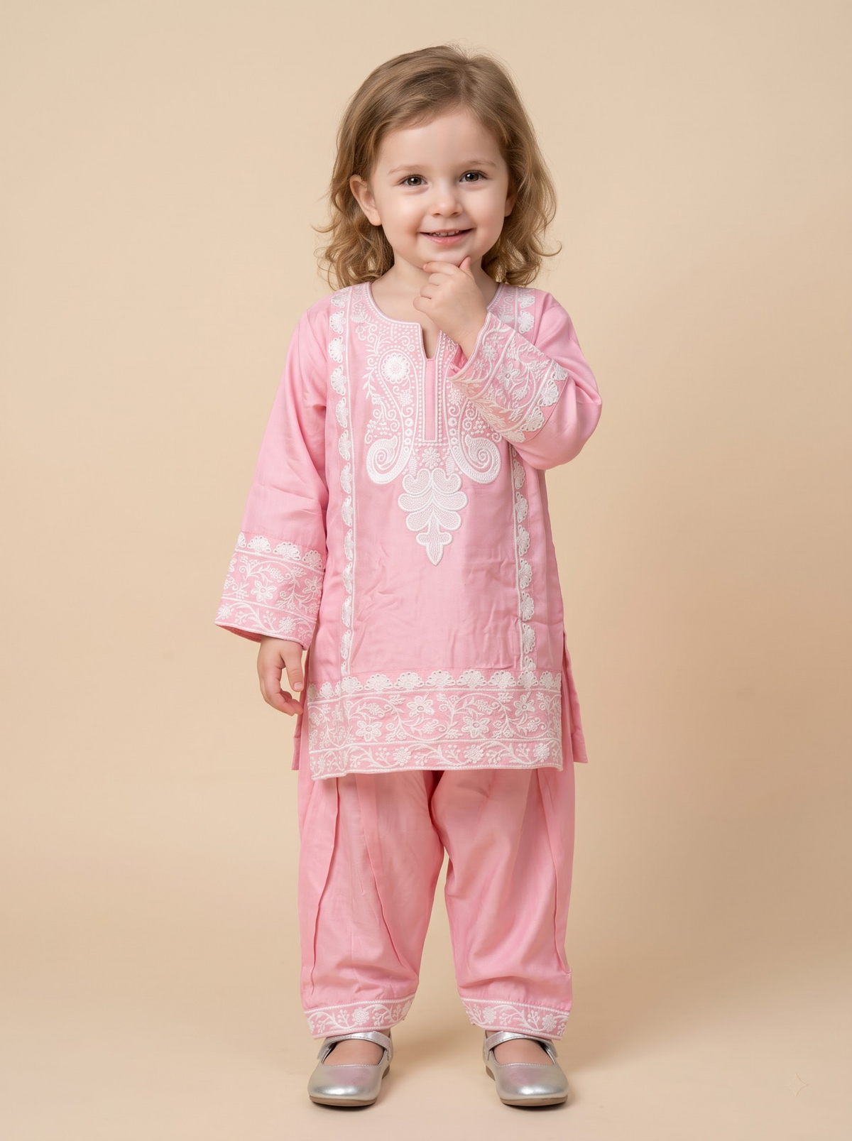 Girls pink cotton printed lace work kurti set 1778 Pink