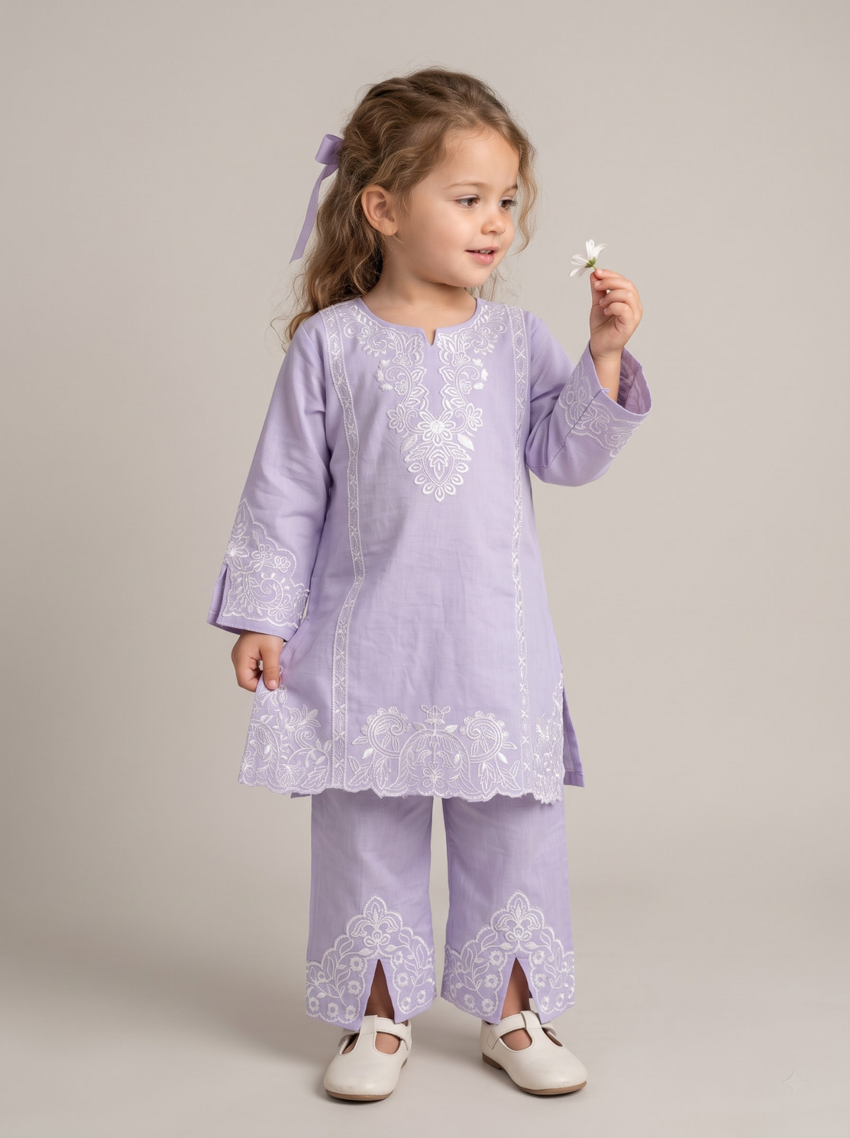 Girls purple cotton printed lace work kurti set 1779 Purple
