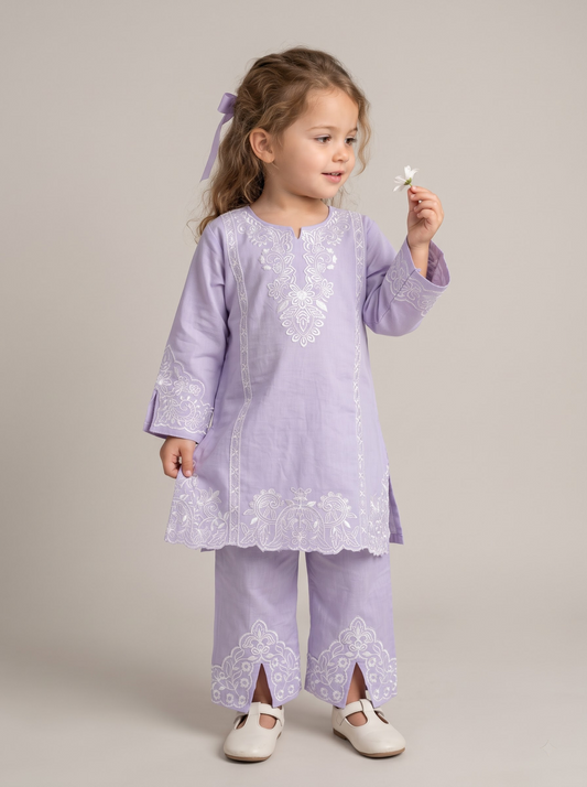 Girls purple cotton printed lace work kurti set 1779 Purple