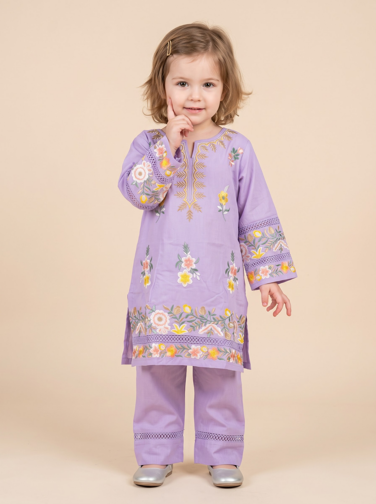 Girls purple cotton printed lace work kurti set 1780 Purple