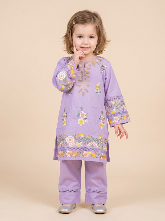 Girls purple cotton printed lace work kurti set 1780 Purple