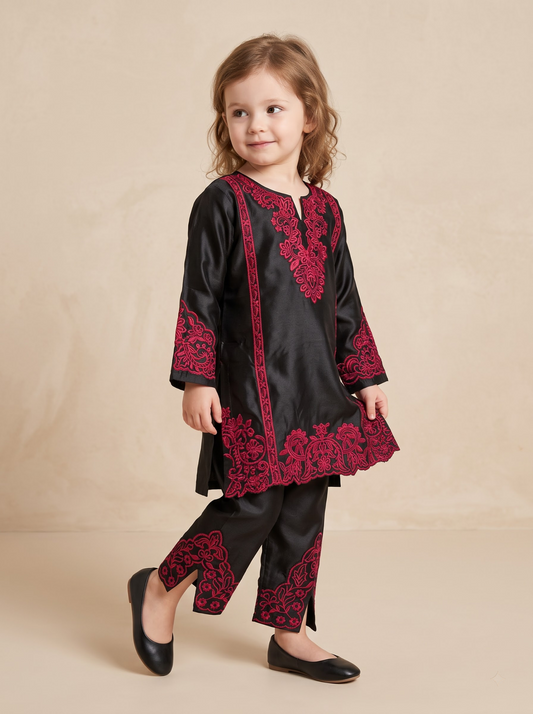 Girls black cotton printed lace work kurti set 1781 Black