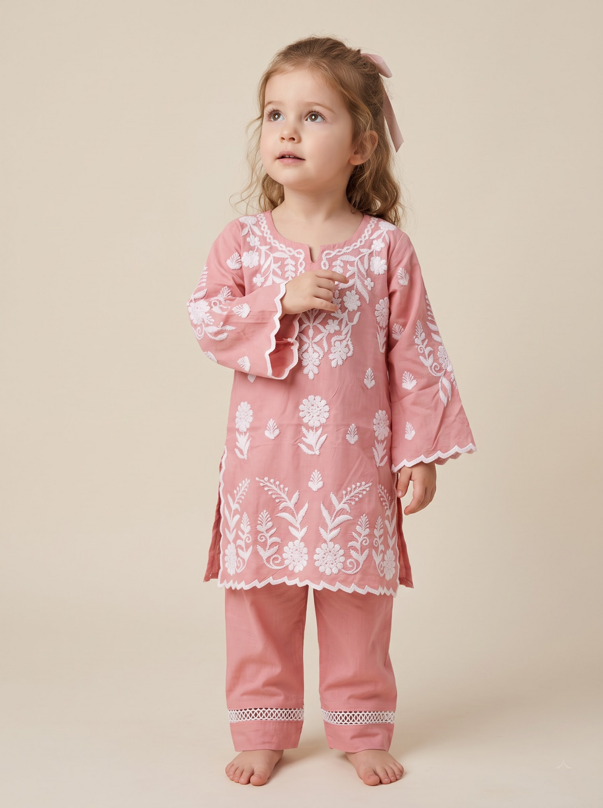 Girls pink cotton printed lace work kurti set 1782 Pink