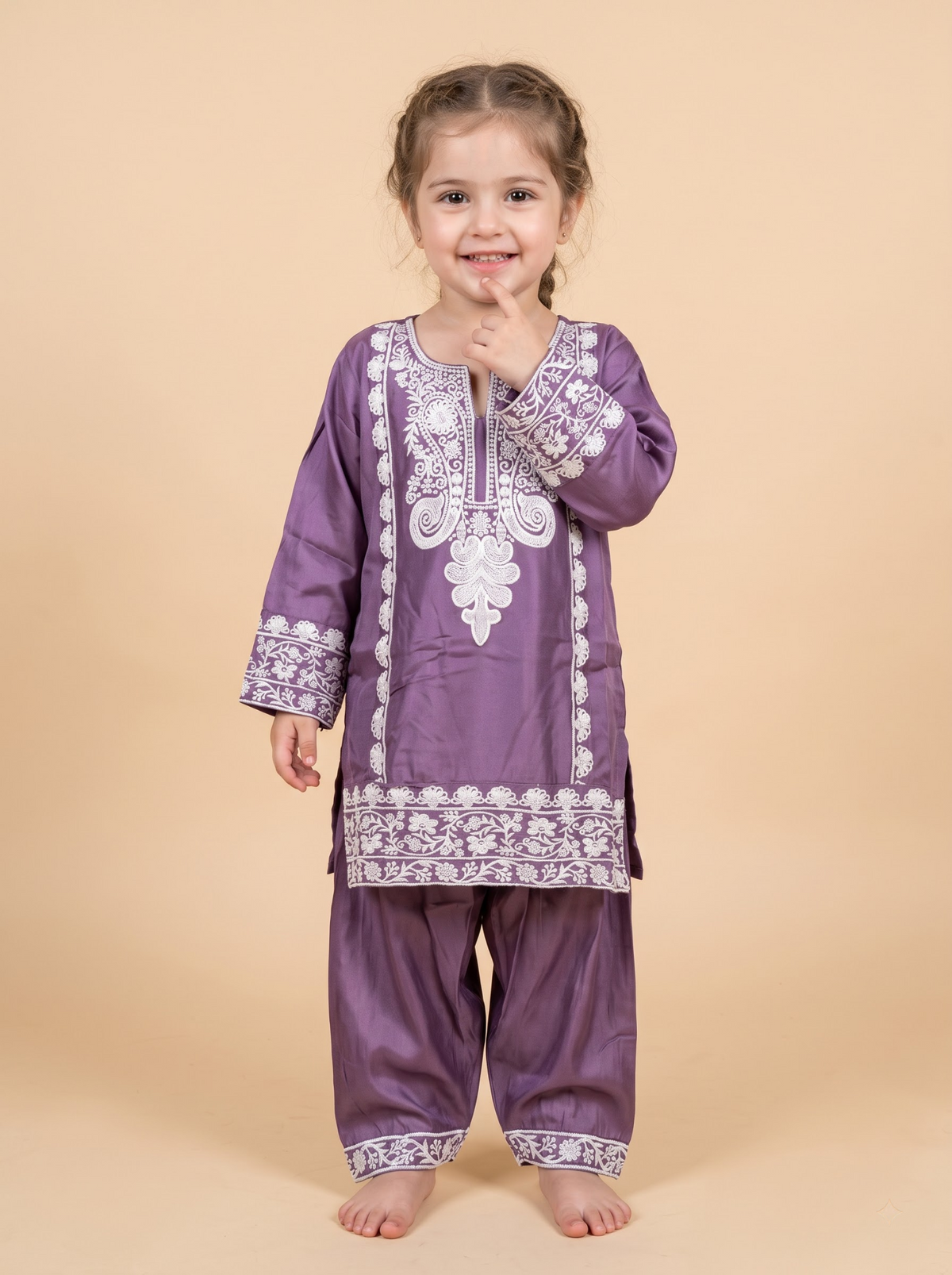 Girls purple cotton printed lace work kurti set 1783 Purple