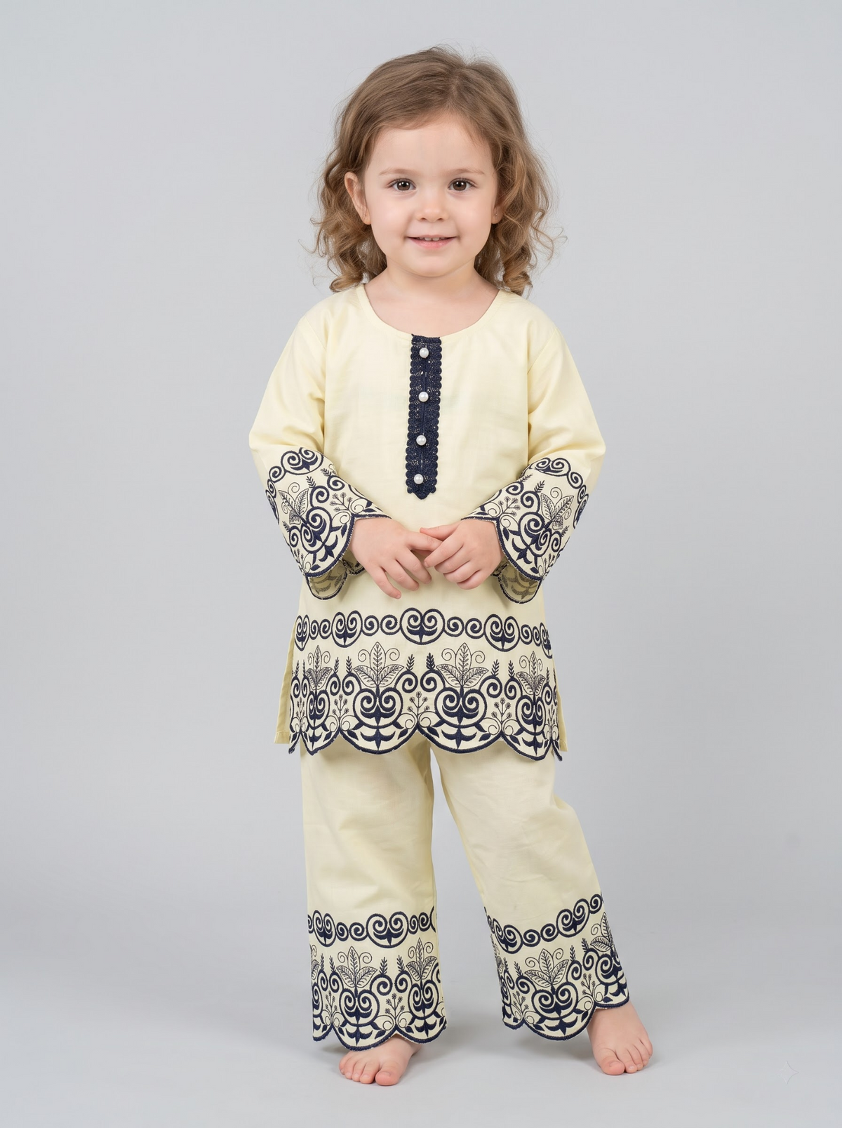 Girls yellow cotton printed lace work kurti set 1784 Yellow