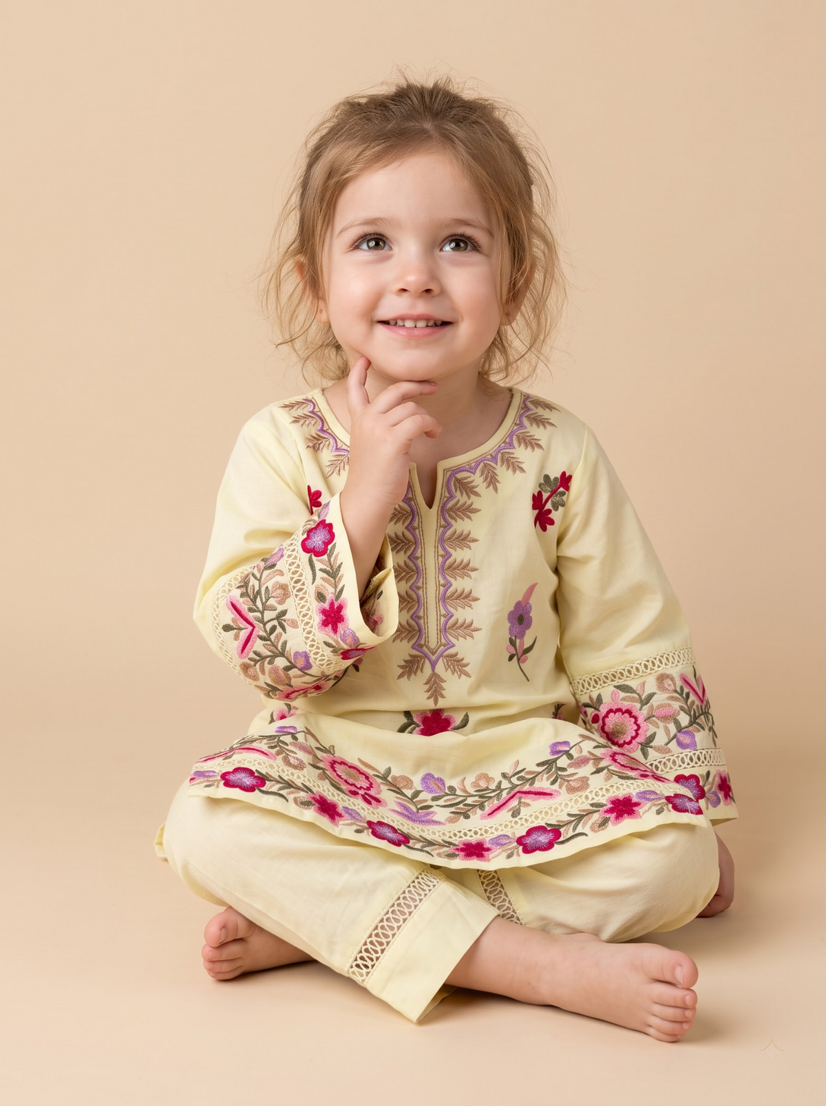 Girls yellow cotton printed lace work kurti set 1786 Yellow