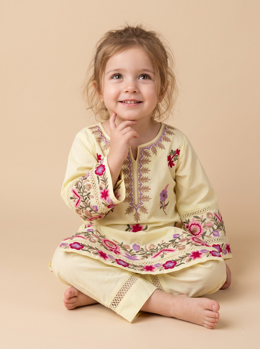 Girls yellow cotton printed lace work kurti set 1786 Yellow