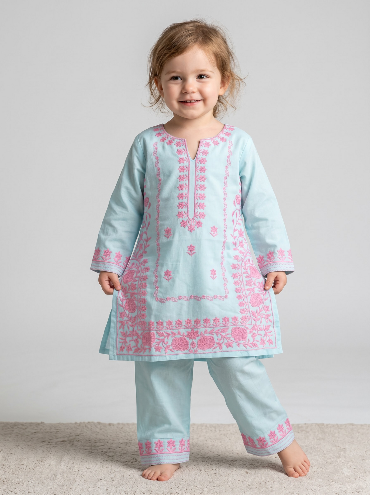 Girls blue cotton printed lace work kurti set 1788 Blue