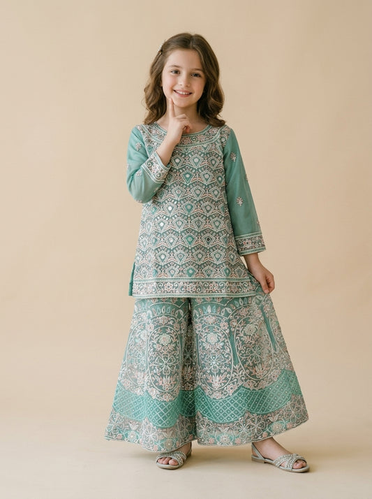 Girls Green Georgette Hand Work Plazo Set 1791 Green