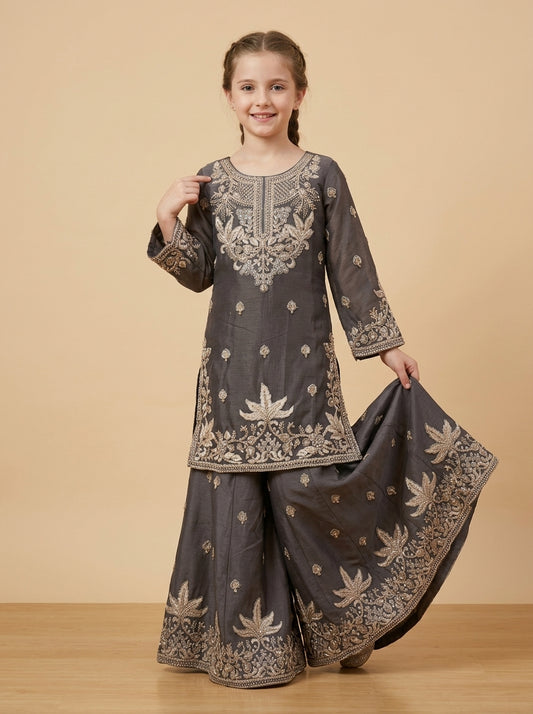 Girls Grey Georgette Hand Work Plazo Set 1795 Grey