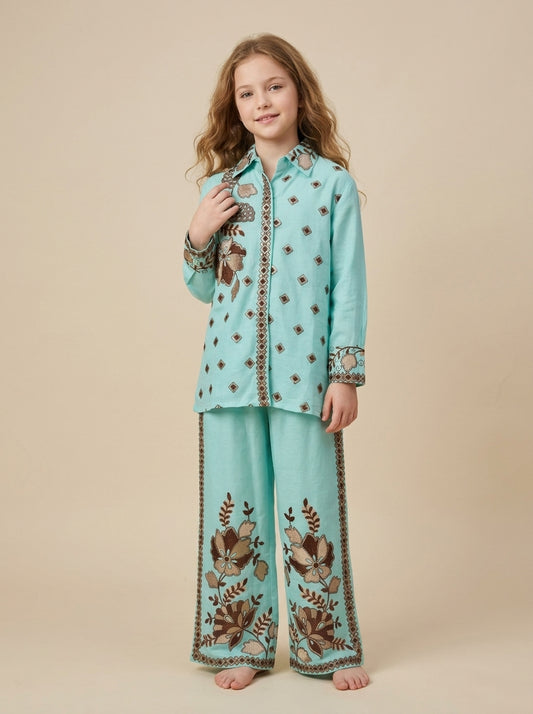 Girls green georgette embroidery work plazo set 1796 Green
