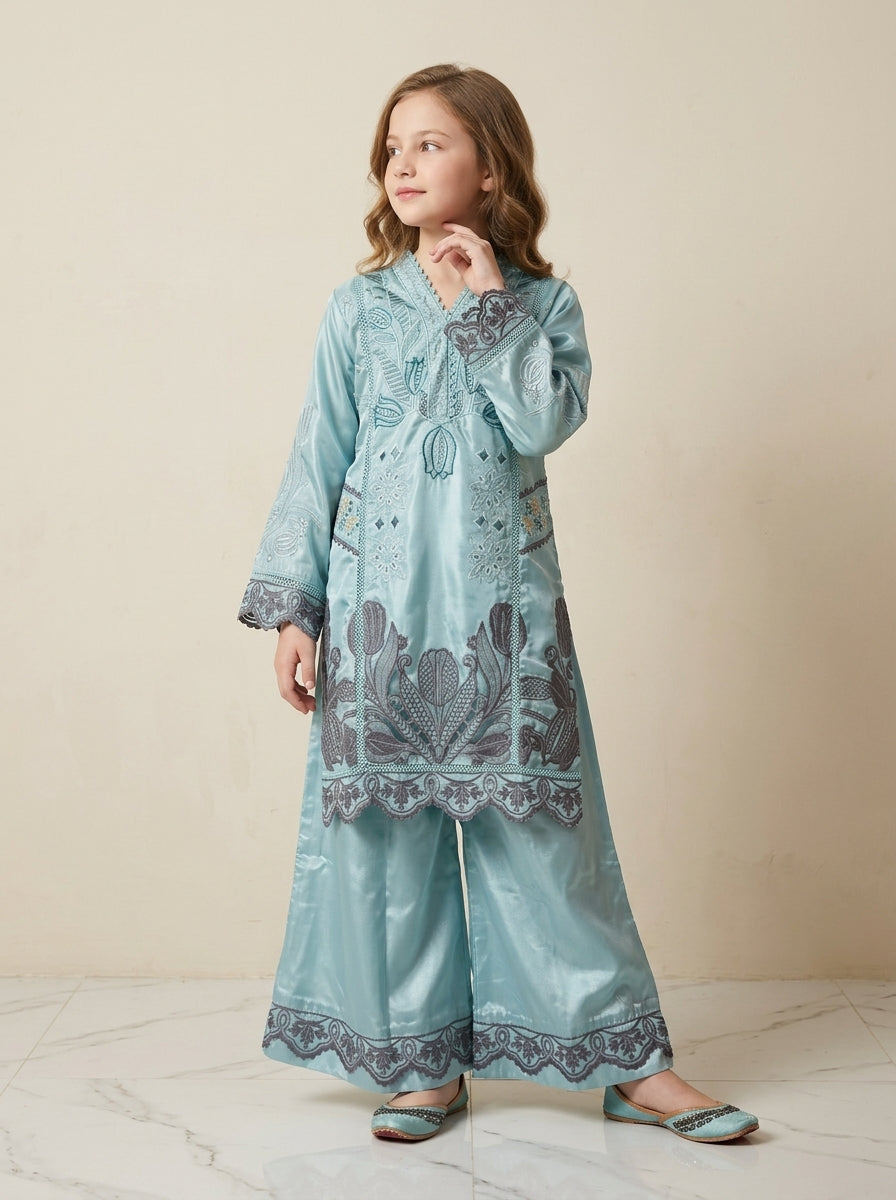 Girls Blue Satin Embroidery Work Plazo Set 1797 Blue