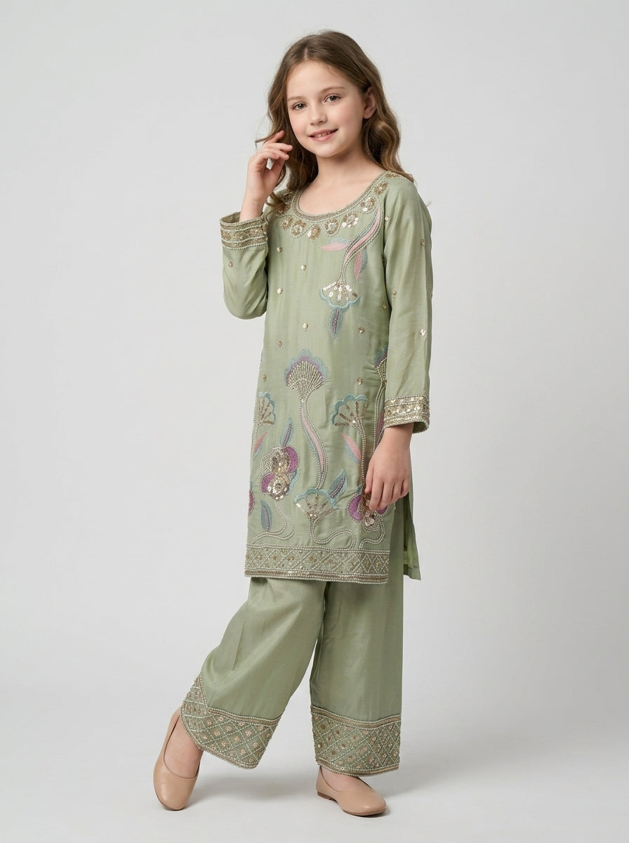 Girls Green Georgette Hand Work Farshi Set 1799 Green
