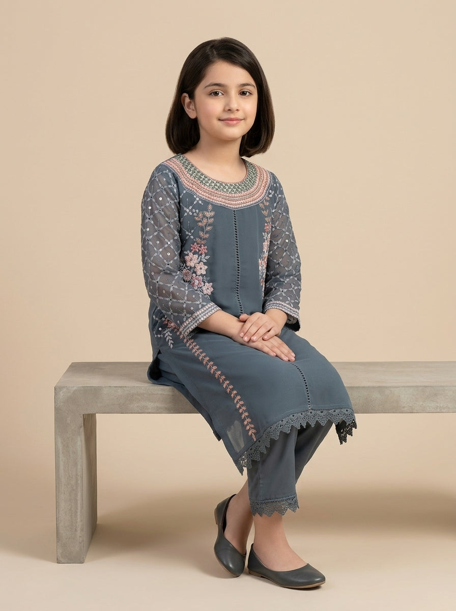 Girls grey georgette hand work kurti set 1800 Grey