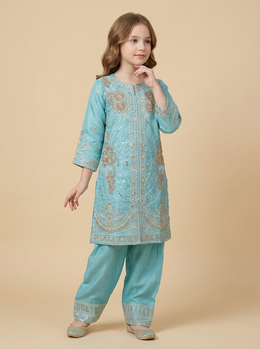 Girls Blue Georgette Hand Work Farshi Pant Set 1802 Blue