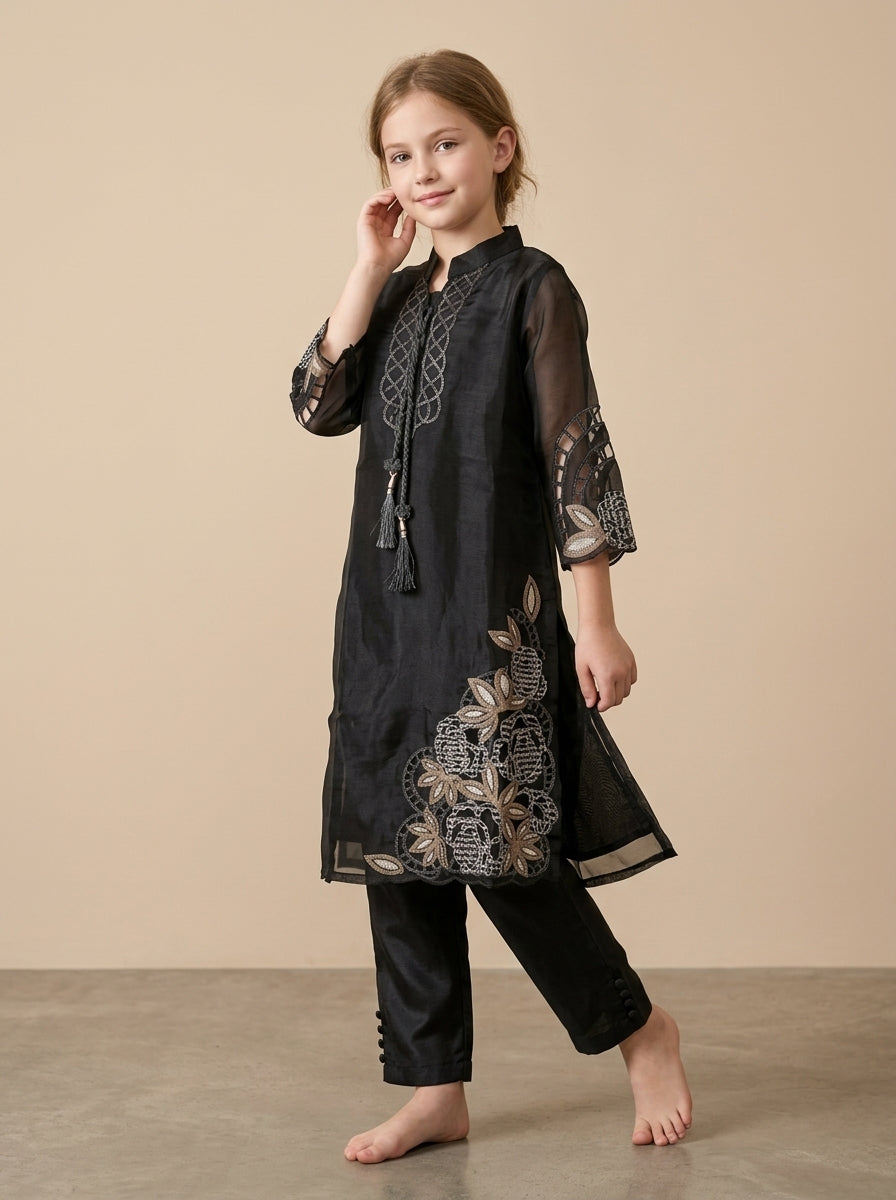Girls black satin hand work kurti set 1805 Black
