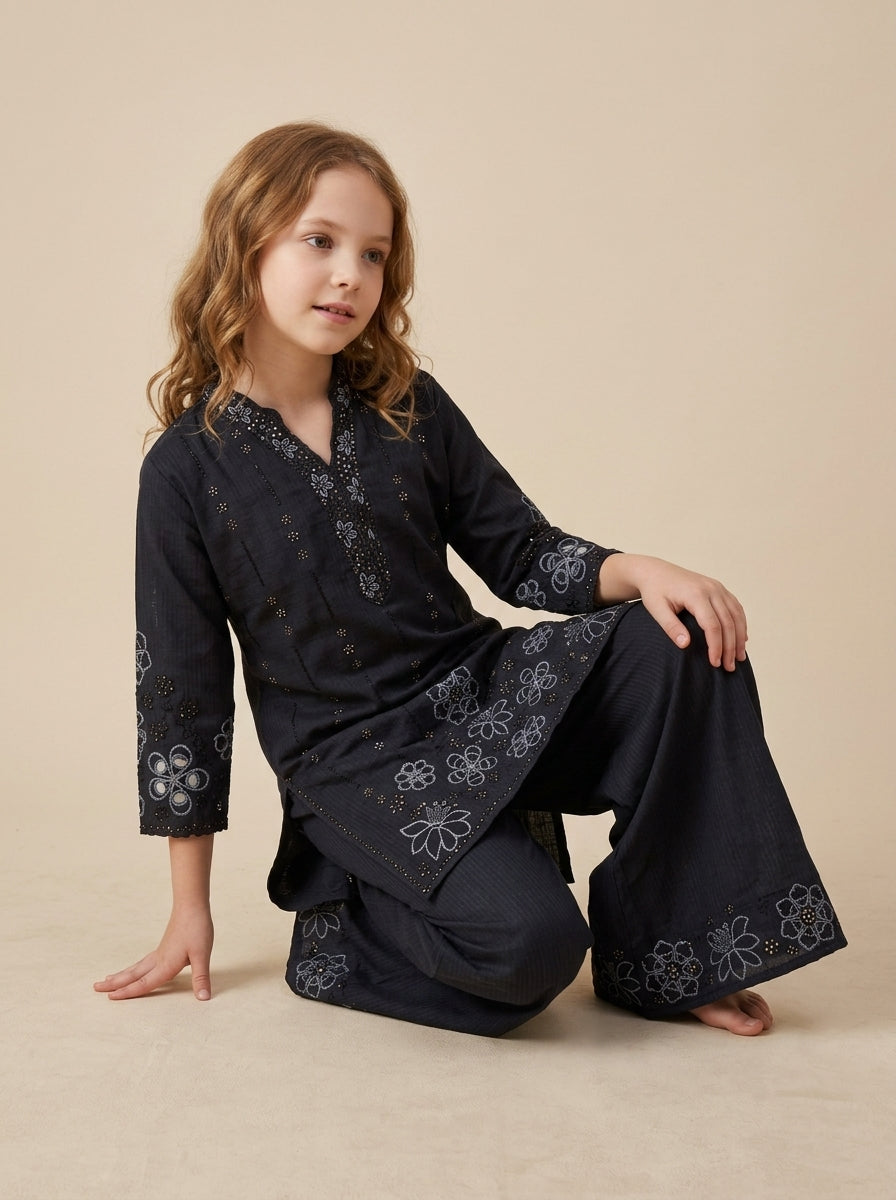 Girls Black Cotton Embroidery Work Kurti Set 1806 Black