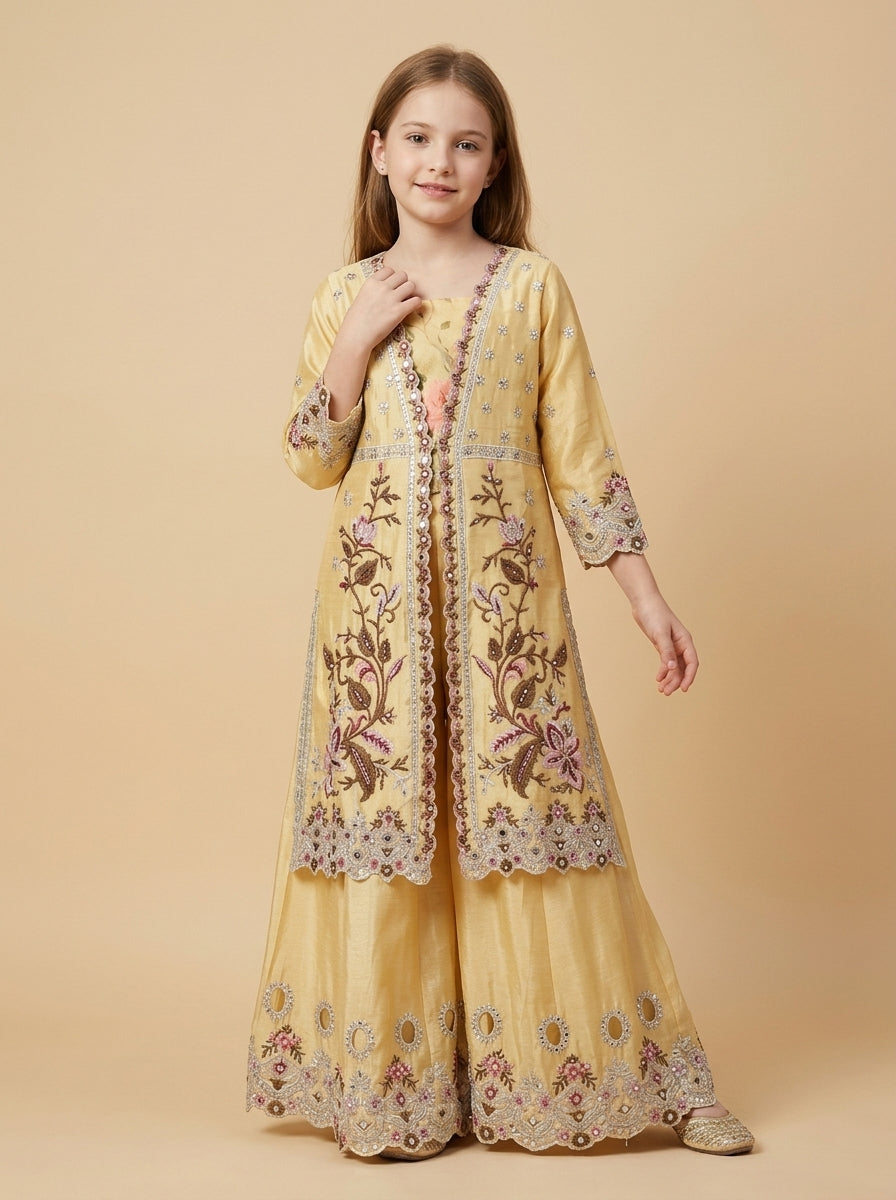 Girls yellow satin embroidery work farshi set 1809 Yellow