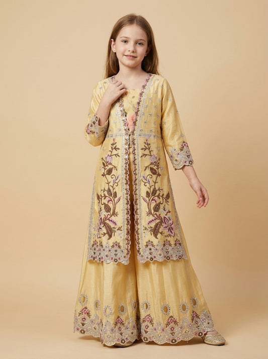 Girls yellow satin embroidery work farshi set 1809 Yellow