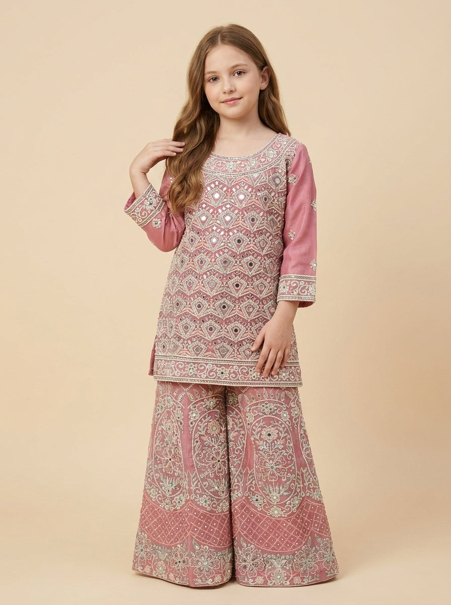 Girls Pink Georgette Embroidery Work Plazo Set 1811 Pink