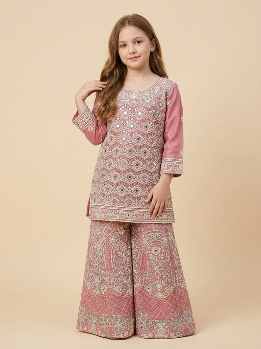 Girls Pink Georgette Embroidery Work Plazo Set 1811 Pink