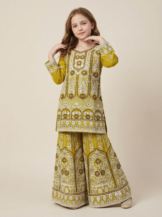 Girls yellow georgette embroidery work plazo set 1814 Yellow