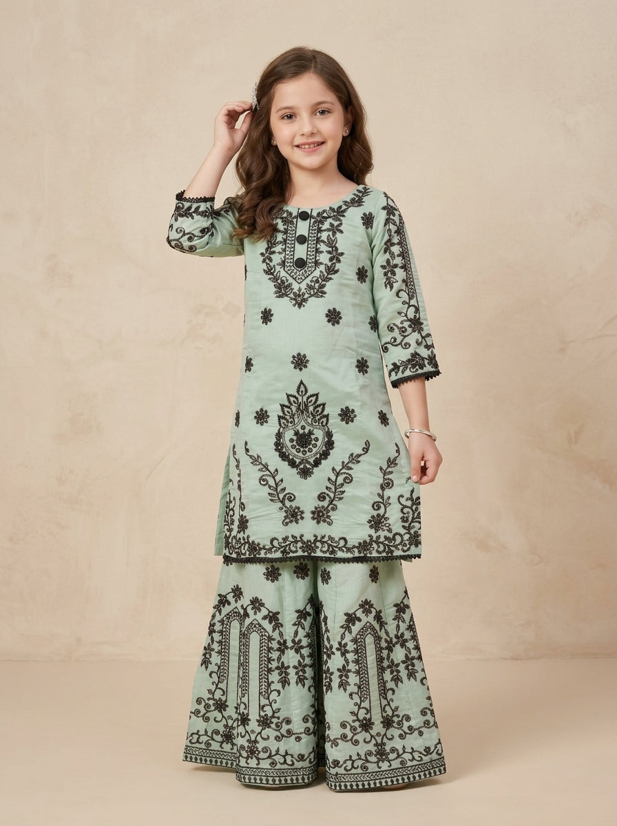 Girls Green Cotton Embroidery Work Plazo Set 1815 Green