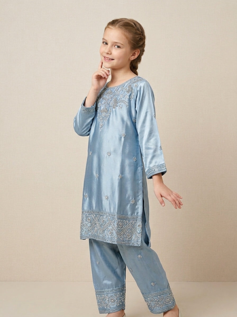 Girls Blue Satin Bids Work Farshi Set 1817 Blue