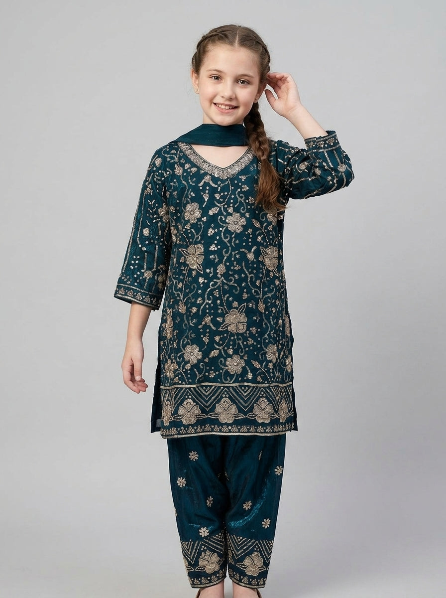 Girls Blue Georgette Bids Work Farshi Set 1818 Blue