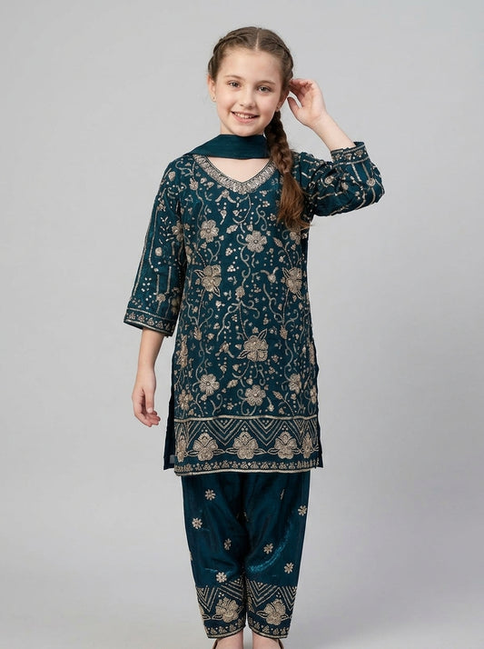 Girls Blue Georgette Bids Work Farshi Set 1818 Blue