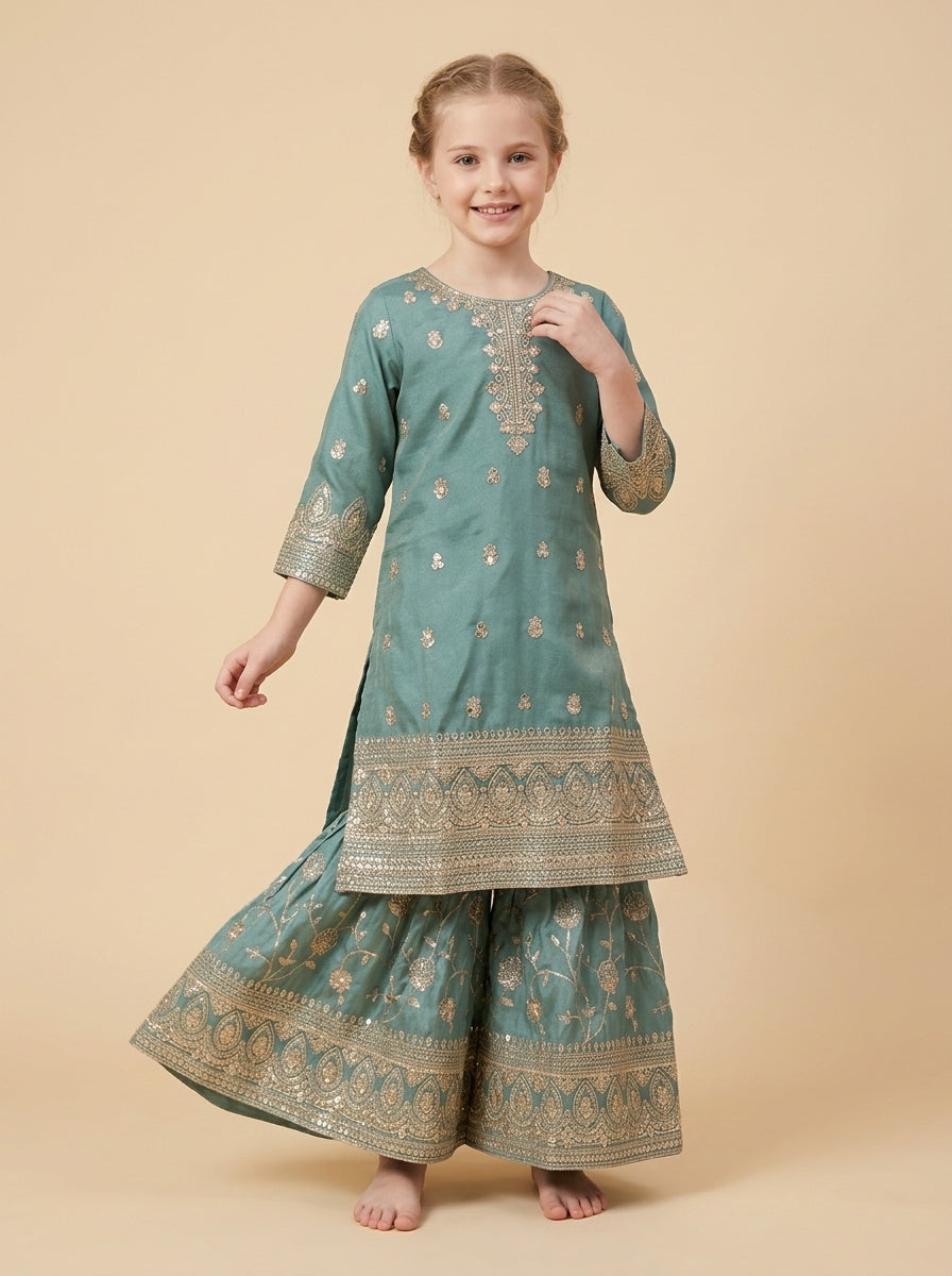 Girls green georgette hand work plazo set 1819 Green