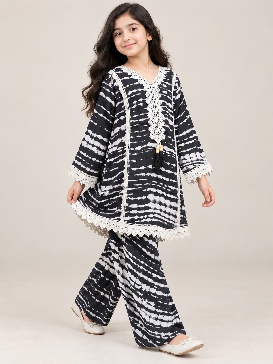Additional model view of the black and white printed cotton plazo set