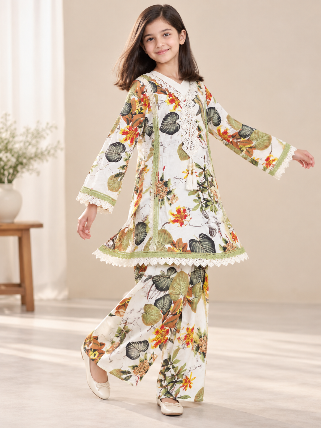 Additional model view of the cream printed cotton plazo set