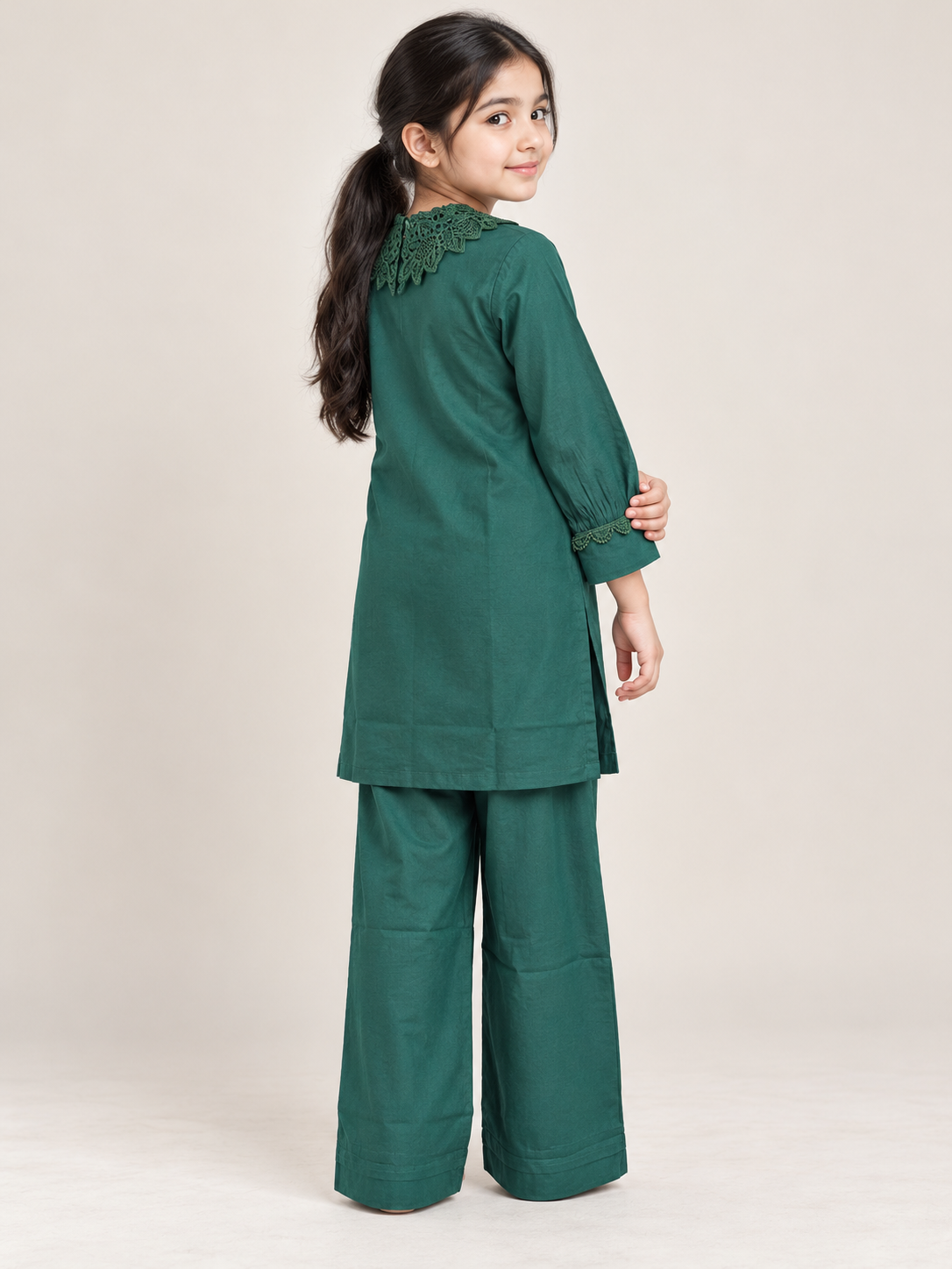 Side view of the green cotton lace work cord set