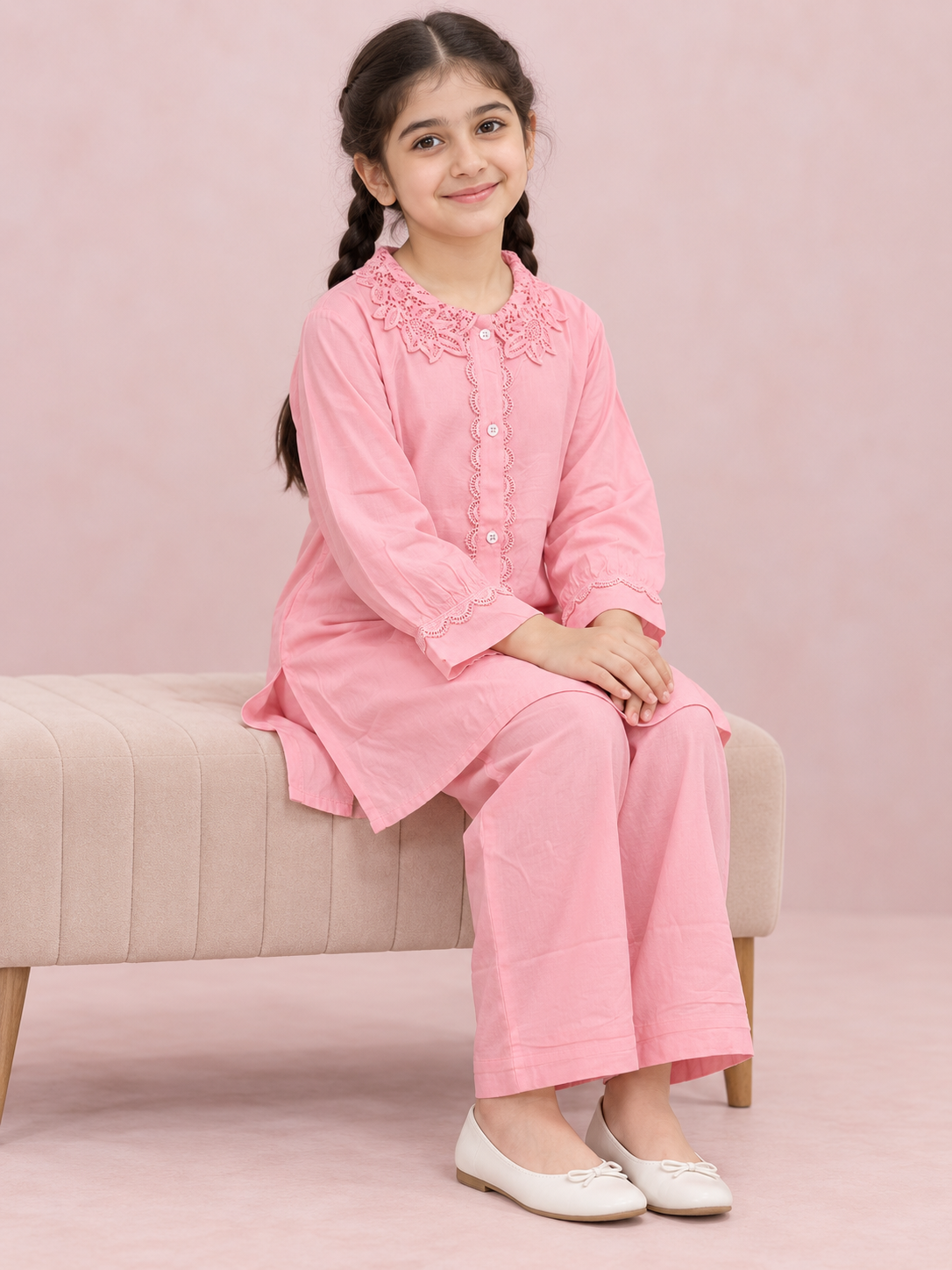 Cotton Lace Work Cord Set 1835 Pink