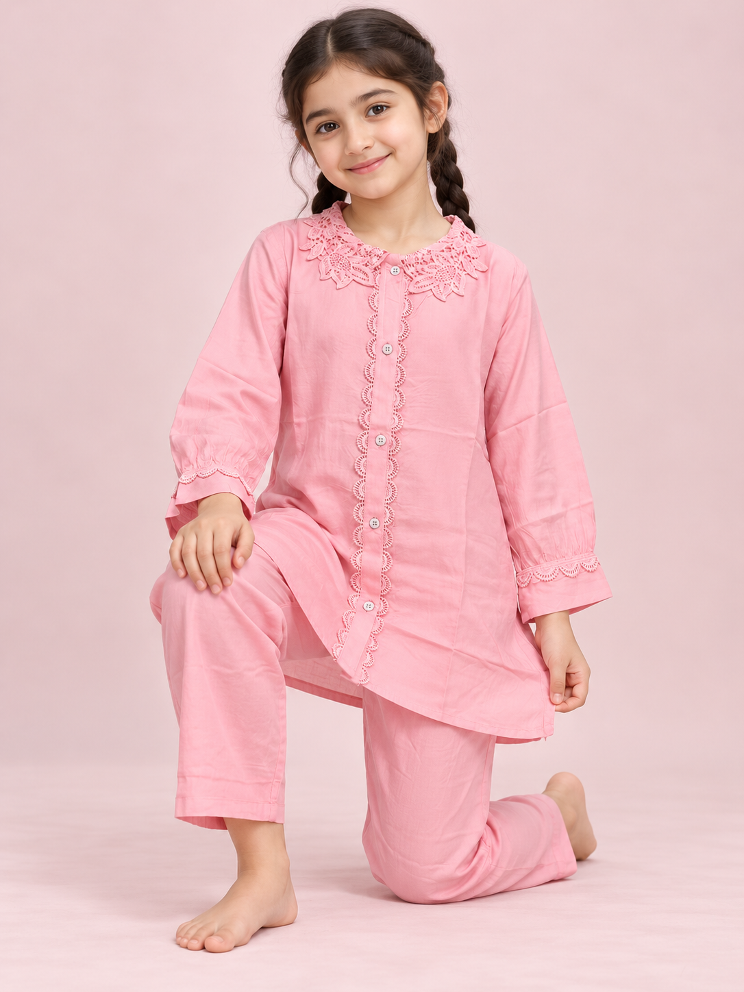 Cotton Lace Work Cord Set 1835 Pink